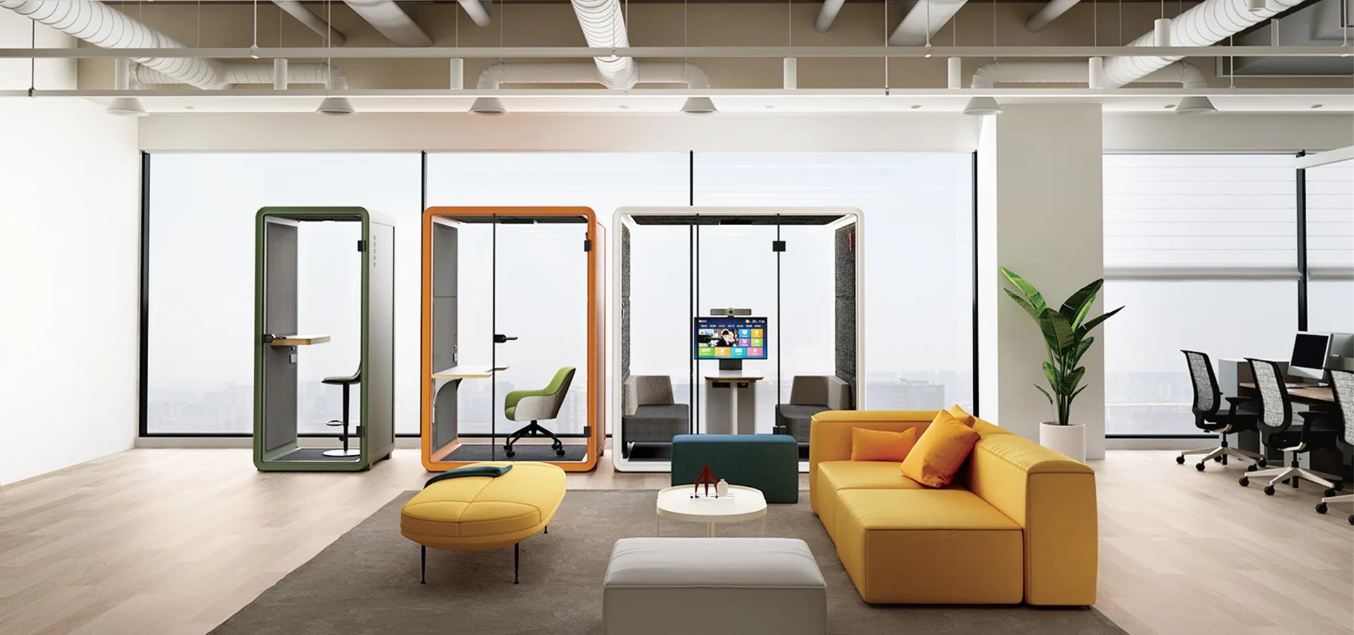 VR pod in a modern office workspace